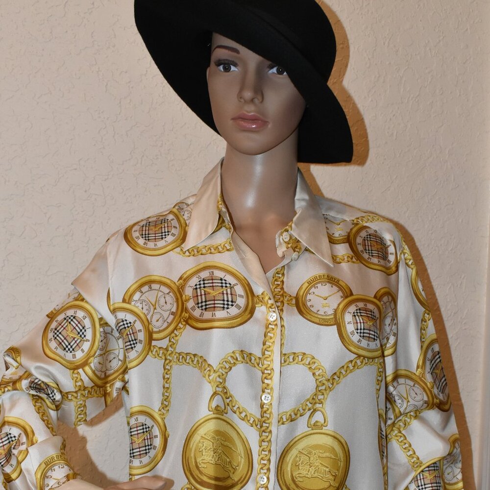 Vintage Long-sleeved, Burberrys Printed Silk Shirt US M- NWOT